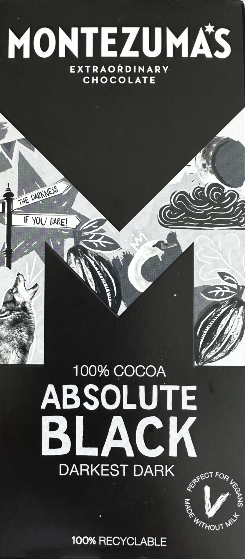Image of a bar of Montezuma's Absolute Black chocolate, 100% cocoa