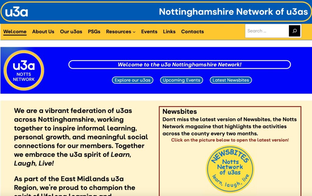 Screenshot of the Notts u3a Network home page