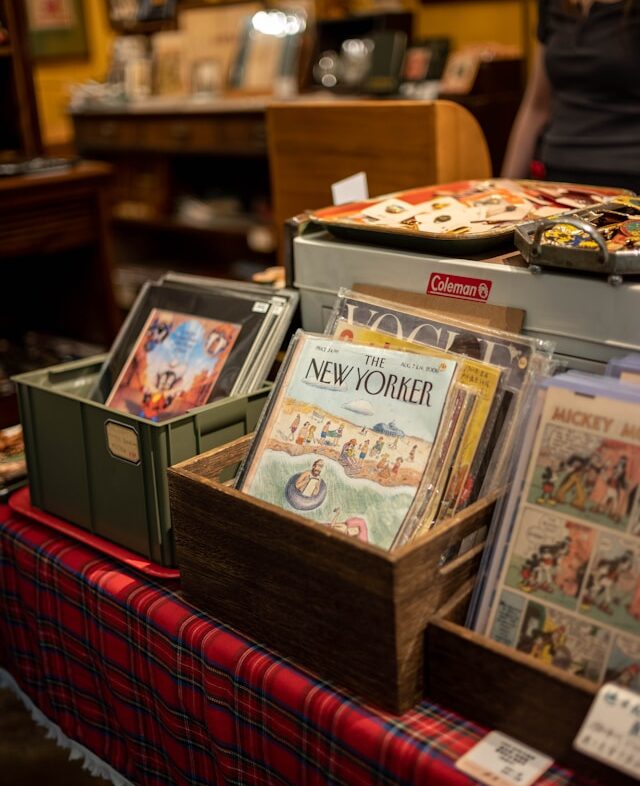 boxes of memorabilia in a junk shop
