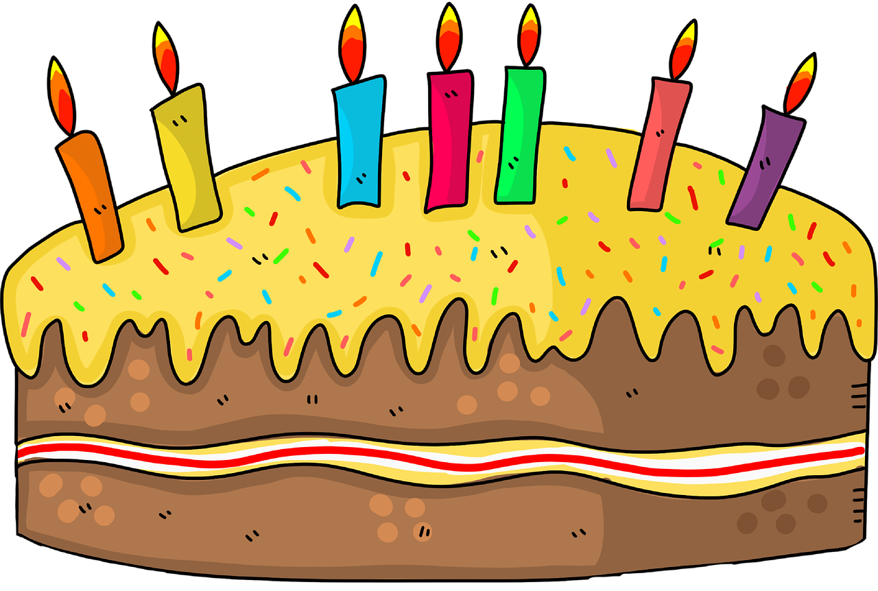 coloured drawing of 7 candles on an iced cake
