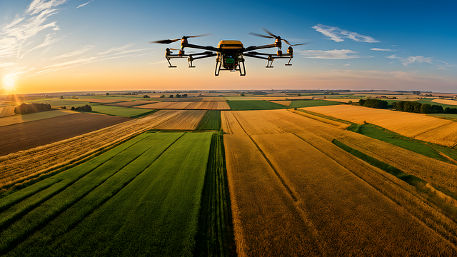 Aerial view of crops growing on farmland with drone flying overhead