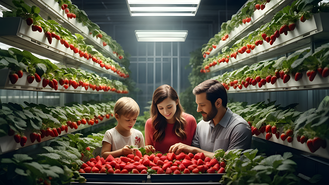 AI image of strawberries cultivated in a vertical faming environment
