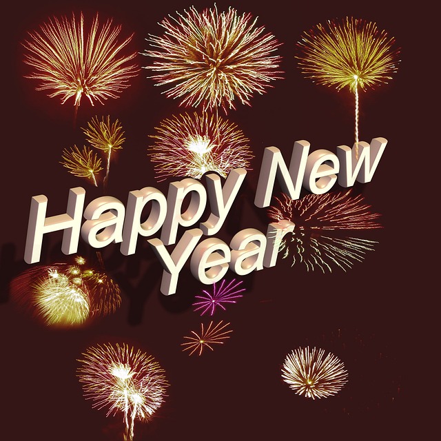 'Happy New Year' with fireworks in the background